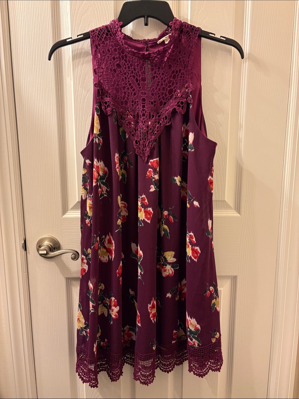entro Plum Floral Crochet Yoke Mini Dress
